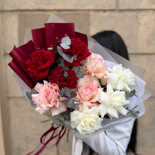 Градиент Французских роз❣️Букет с Французскими розами с эвкалиптом