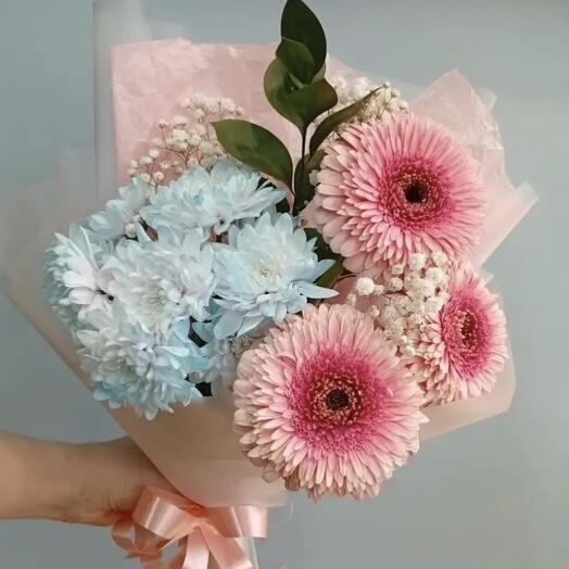 🌸Нежный букет с Герберами ,кустовой хризантемы и гипсофилой