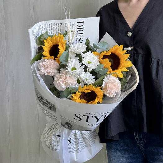 Букет подсолнухи🌻 , гвоздика, хризантема ромашка, колоски, эвкалипт