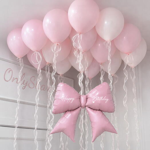 🎀ВАУ🎀 Красивый набор шаров / Розовые шары / Шар «Бантик» + 15 шаров под потолок / Воздушные шары с органзой / Шары с гелием
