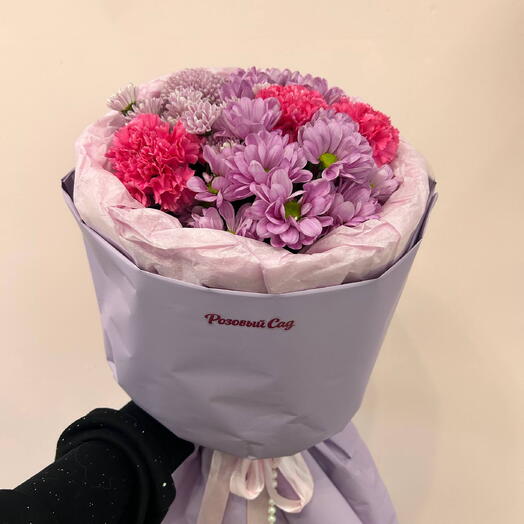 💜 Пышный букет из хризантем в сиренево-розовой гамме