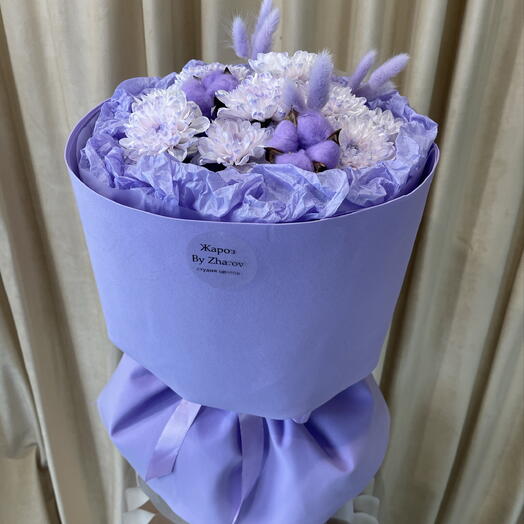Букет с лавандовой хризантемой и хлопком💜