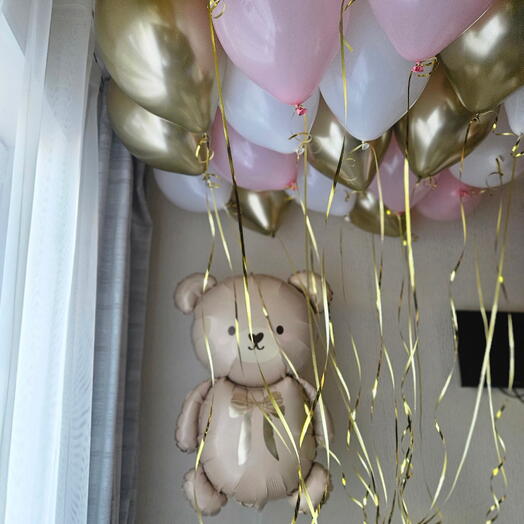 Белые, розовые и золотые шары и медведь , Мишка, медвежонок -17шаров