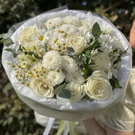 🤍🌿Стильный и пышный букет Bloom room, ромашка, хризантема, роза и альстромерия
