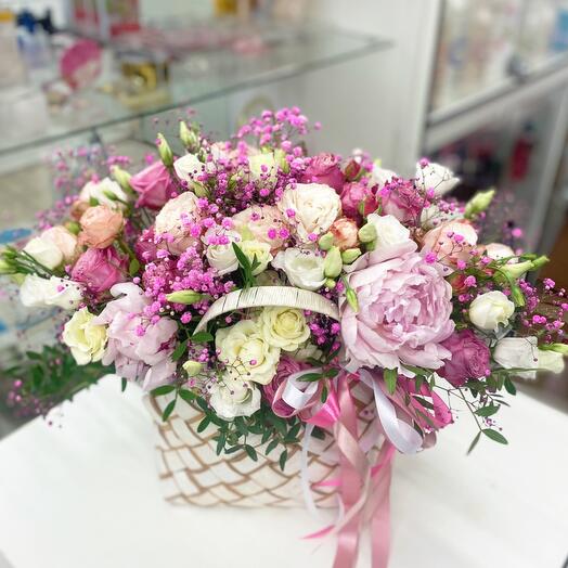 Basket with peonies