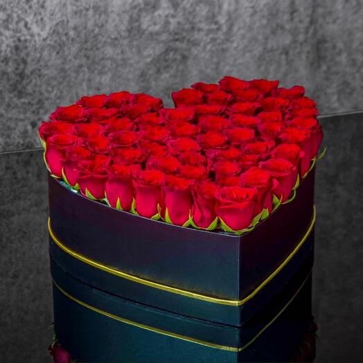 51 Red Roses in Black Heart Box