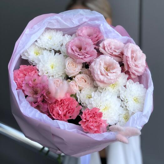 Pink and white bouquet with eustoma, chrysanthemums, dianthus