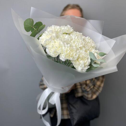 Bouquet of white carnations with eucalyptus