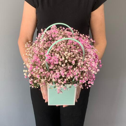 Flowers in a box with gypsophila