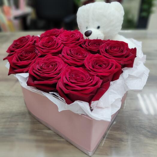 НАБОР СЕРДЦЕ МИШУТКА И КРАСНЫЕ АРОМАТНЫЕ РОЗЫ (красная роза) 🌹