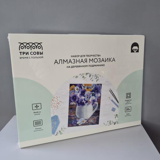 Алмазная мозаика "Анютины глазки", 30*40см, холст на деревянном подрамнике, картонная коробка с пластиковой ручкой
