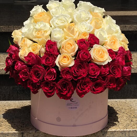 Summer sun: 80 Stems Of Mix Roses in a Pink Round Box (one side arrangement)