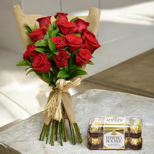 12 Red Roses Bouquet And Chocolates