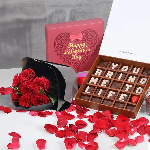 Valentine You Bring Me To Life Chocolates and 7 Red Roses Bouquet