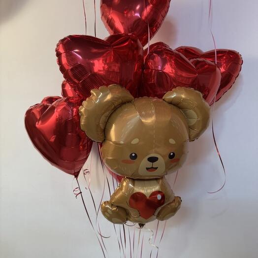 Милый мишка с фонтаном 15 сердец