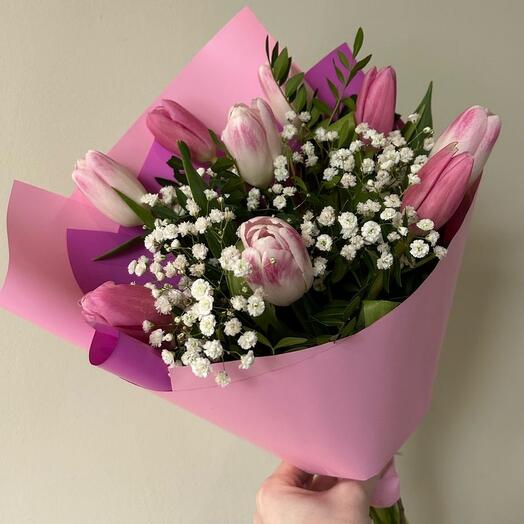 Тюльпаны розовые 9 шт, букет тюльпанов на 8 марта