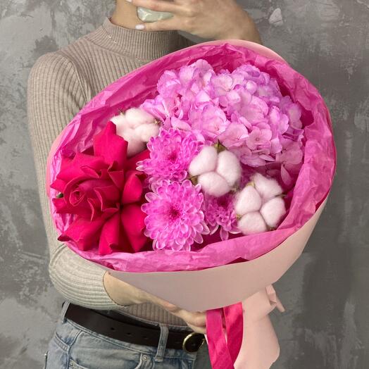 Букет 💕 Французская роза, розовая хризантема, хлопок, гортензия