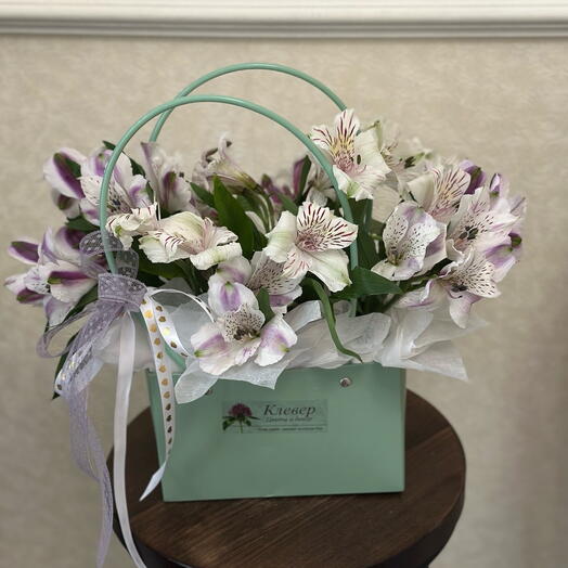 A composition in an alstroemeria handbag