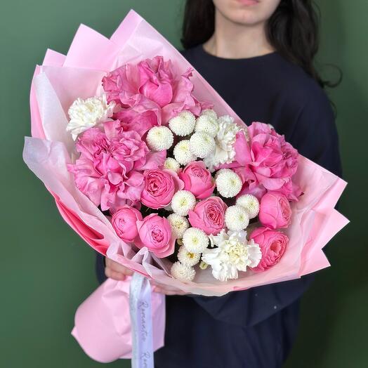 Delicate bouquet with peony bush roses, Newton chrysanthemum, white carnations and Country roses