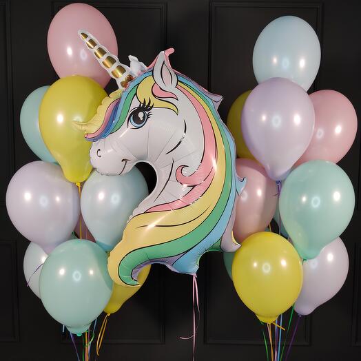Composition of delicate balls with a delicate unicorn head