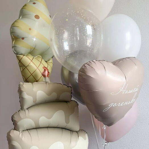 Набор шаров «Тортик и мороженое» с сердцем и надписью 🎂🍦️