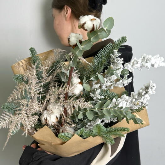 Букет «Белая Королева» (нобилис, аспарагус, хлопок)