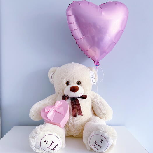 Плюшевый мишка 90 см бежевый, Шар сердце розовый, Киндербокс малый
