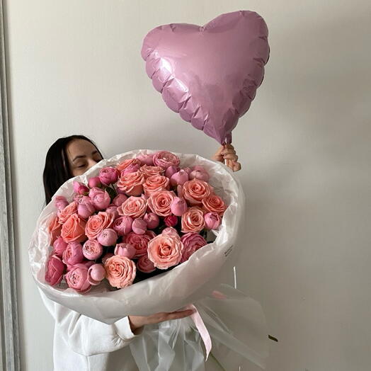 🎀Нежный букет из кустовых пион.роз и одноголовых роз 29 шт