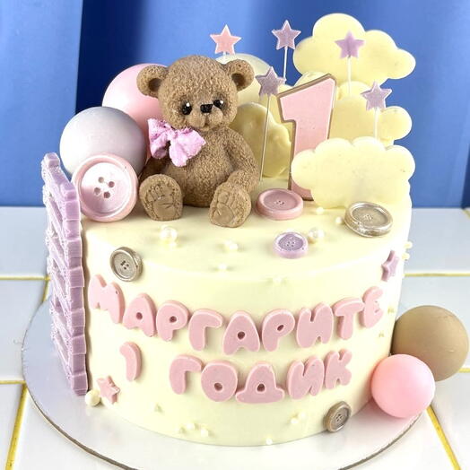 Торт на 1 годик для девочки с мишкой