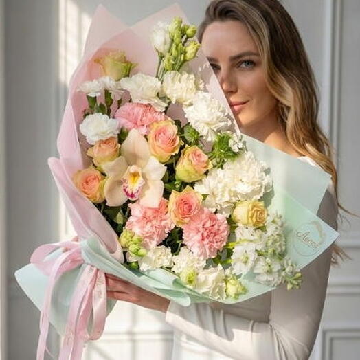 Букет Орхидеи и розы Всегда прекрасный. Авторский букет 564. Leoraflowers