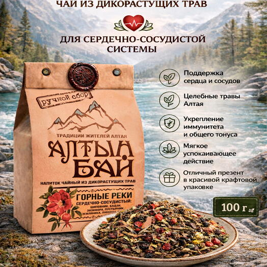 Чай из дикорастущих трав ГОРНЫЕ РЕКИ сердечно-сосудистый, крафт 100 гр