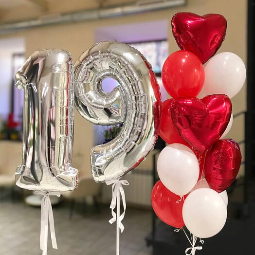 19th Birthday Balloon Bouquet | Silver Numbers Red Heart Helium Balloons