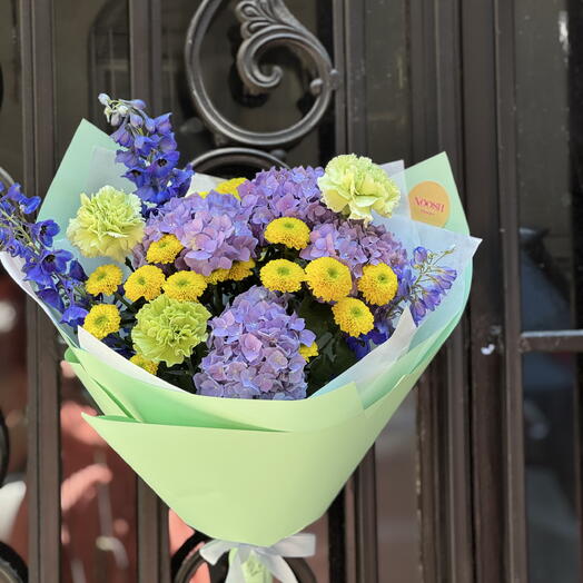 Vibrant Purple Hydrangea and Yellow Chrysanthemum Bouquet