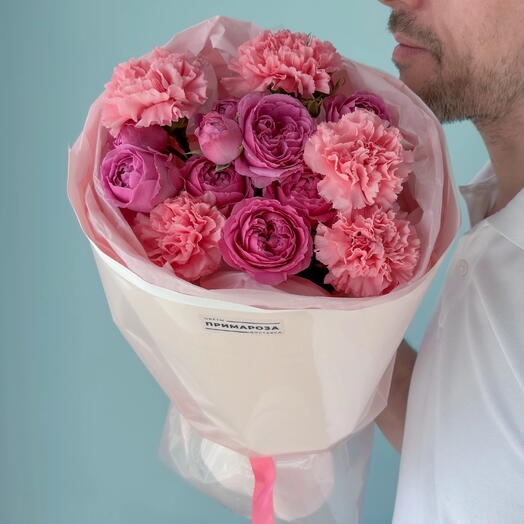 Букет с розой Мисти Баблс и гвоздиками «Малиновый мусс» 💜🌸 40963