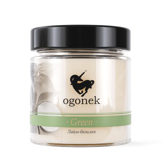 Ароматическая декоративная свеча в банке, с деревянным фитилем OGONEK GREEN Лайм - базилик, в подарочной упаковке