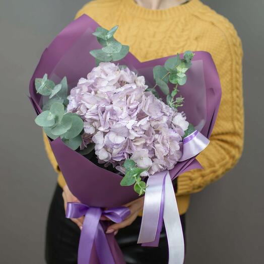 Cute compliment bouquet of purple hydrangea and eucalyptus