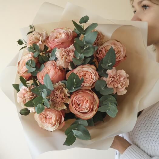 48. Peony-shaped roses with eucalyptus
