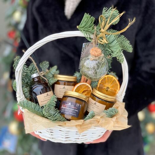 🥰Уютный подарочный набор с ароматическими свечами, диффузором и шаром с сухоцветами в корзинке