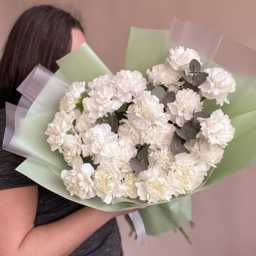 White carnations (dianthus) with eucalyptus 25 pieces