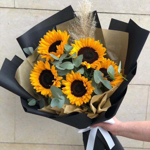 Sunflowers with eucalyptus
