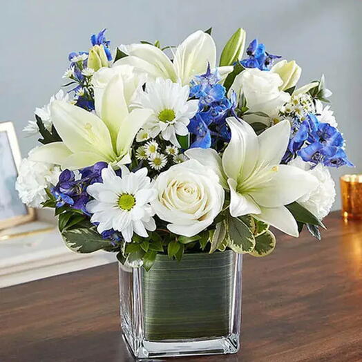 Healing Sorrow: Blue and White Floral Comfort | White Oriental Lilies, Roses, Carnations, Delphinium, Chrysanthemums