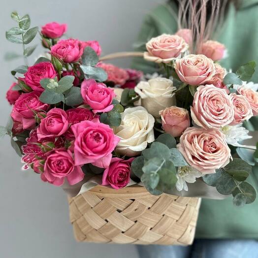 Basket "Pink mood"/roses/peony bush rose/Flowers Ufa/Basket with flowers Ufa/Flower delivery Ufa
