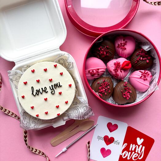 Подарок "Люблю тебя, love you" Бенто торт + пирожные картошка 8шт, мужу, жене, девушке, любимому