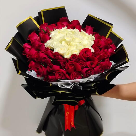 Be my Valentine:75 stems red   white roses in a black wrraping