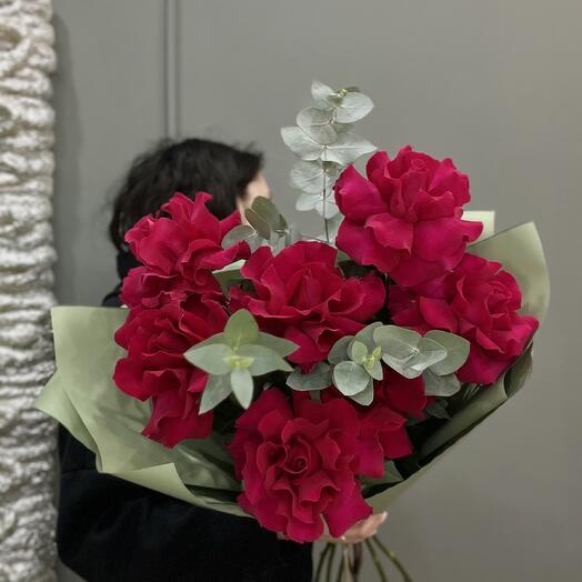French roses with eucalyptus