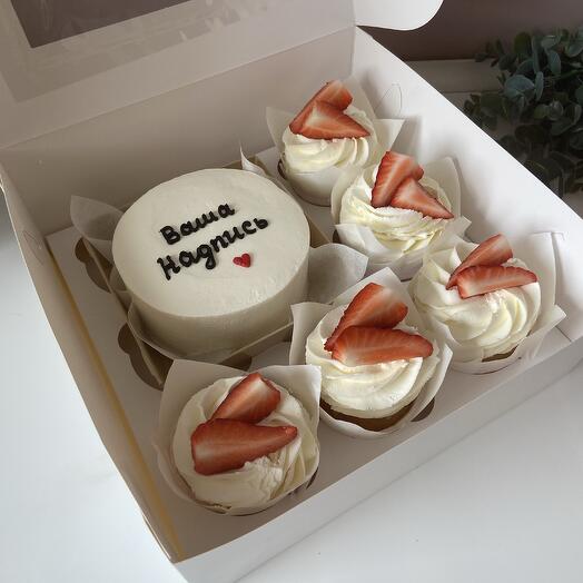 Бенто торт і 5 капкейків з будь-якої вашої написом або нескладним малюнком