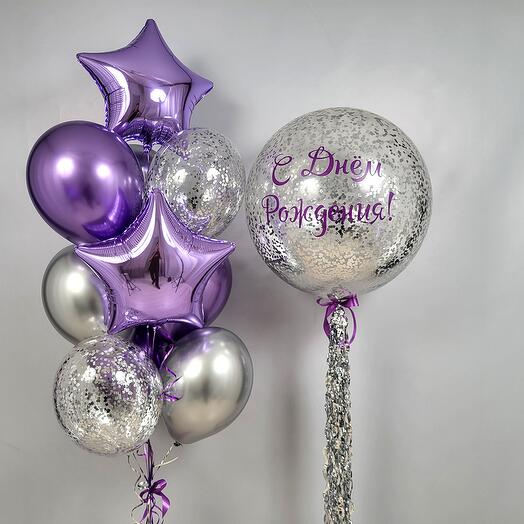 Hermosa combinación de bolas de color púrpura con plata. Globos de cumpleaños para mujer, hombre, esposo, esposa, niña