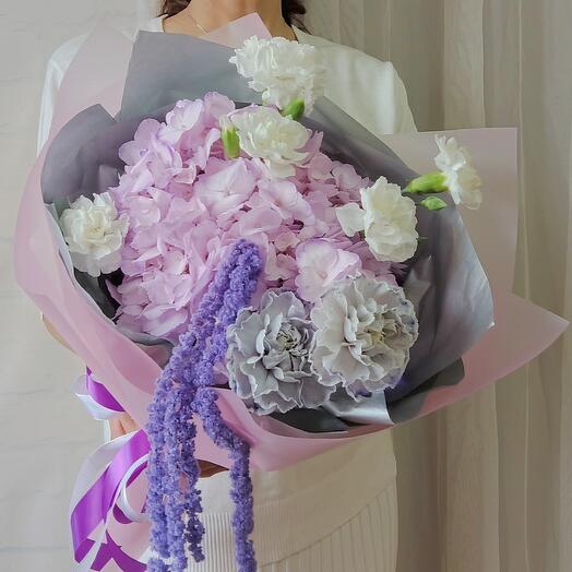 Букет🌸"Бархат"🌸. Букет с Гортензией, Графитовым Диантусом, сухоцветом Амариллиса и кустовыми Диантусами