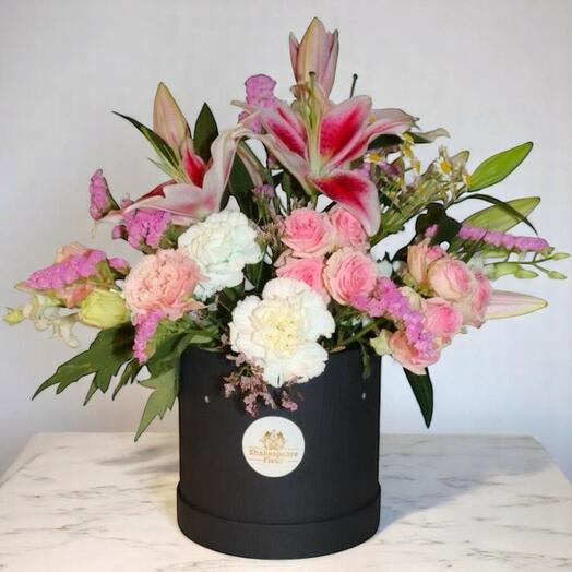 Spring Flower Box with Pink Lilies, Carnations Baby Roses – Elegant Round Floral Gift Arrangement