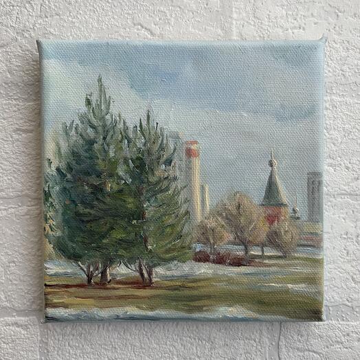 Картина маслом этюд «А снег почти растаял»